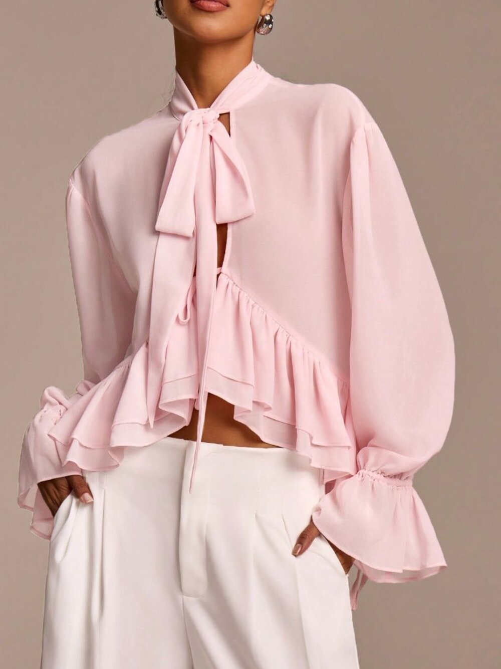 Baby Pink Bohemian Women's Elegant Ruffled Long Sleeve Blouse - Picture 5 of 6